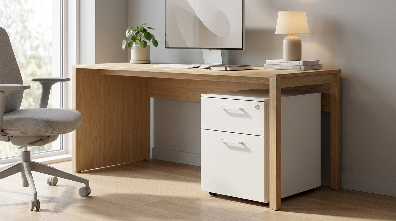 Ergonomsko urejeno pisarniško delovno mesto z ergonomskim stolom in dvižno mizo Heka Interior
