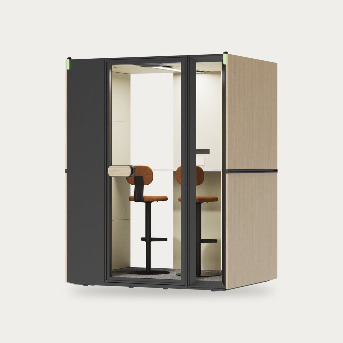 CorePod Cube Duo, akustična kabina, zunanjost lesen dekor, z barskimi stoli