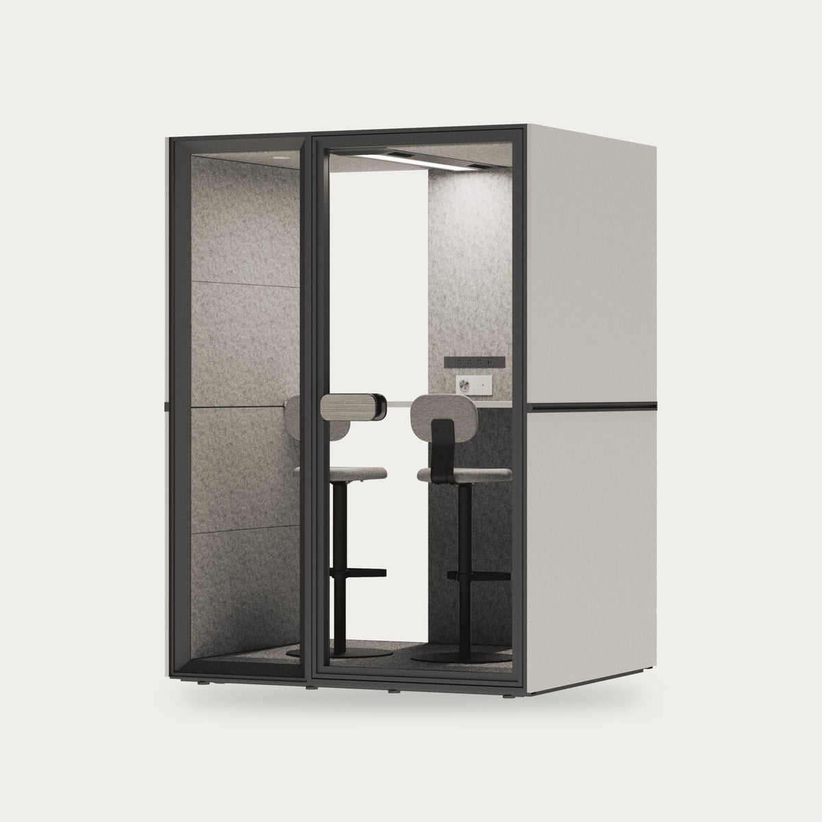 CorePod Cube Duo, akustična kabina, zunanjost bela, z barskimi stoli